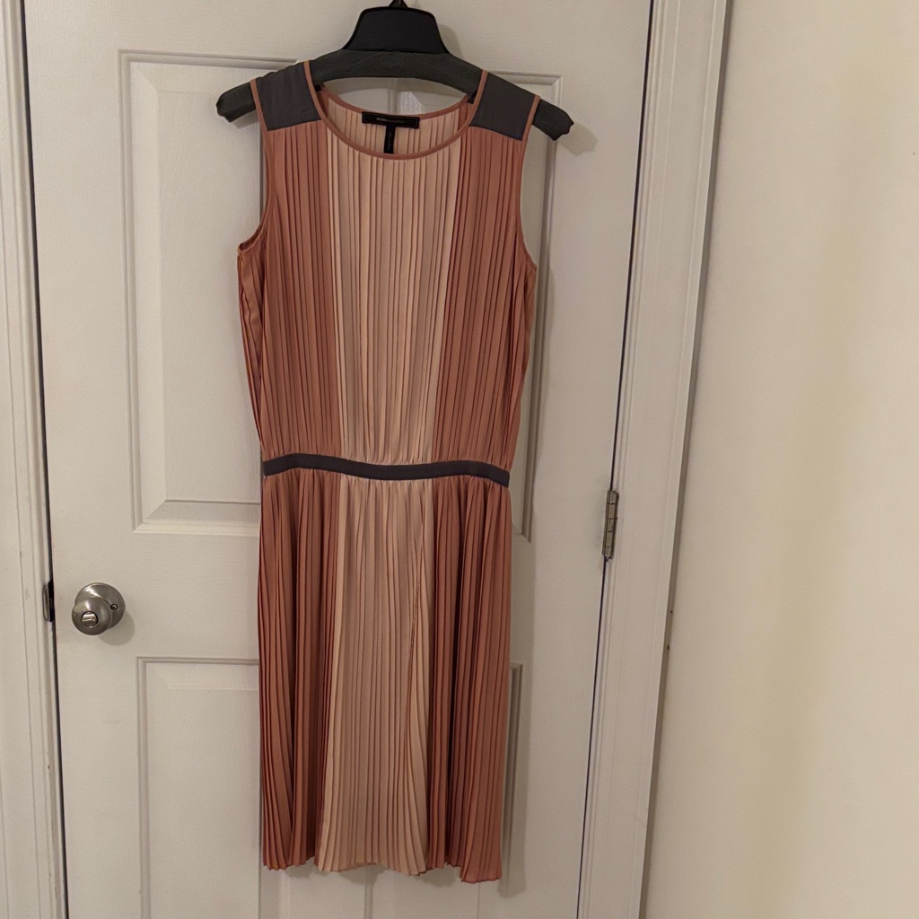 Bcbgmaxazria Peach And Gray Pleated Midi Dress